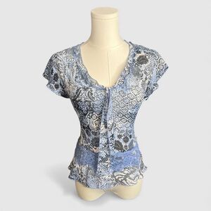 Robbie Bee Sheer Blue Floral Lace Top